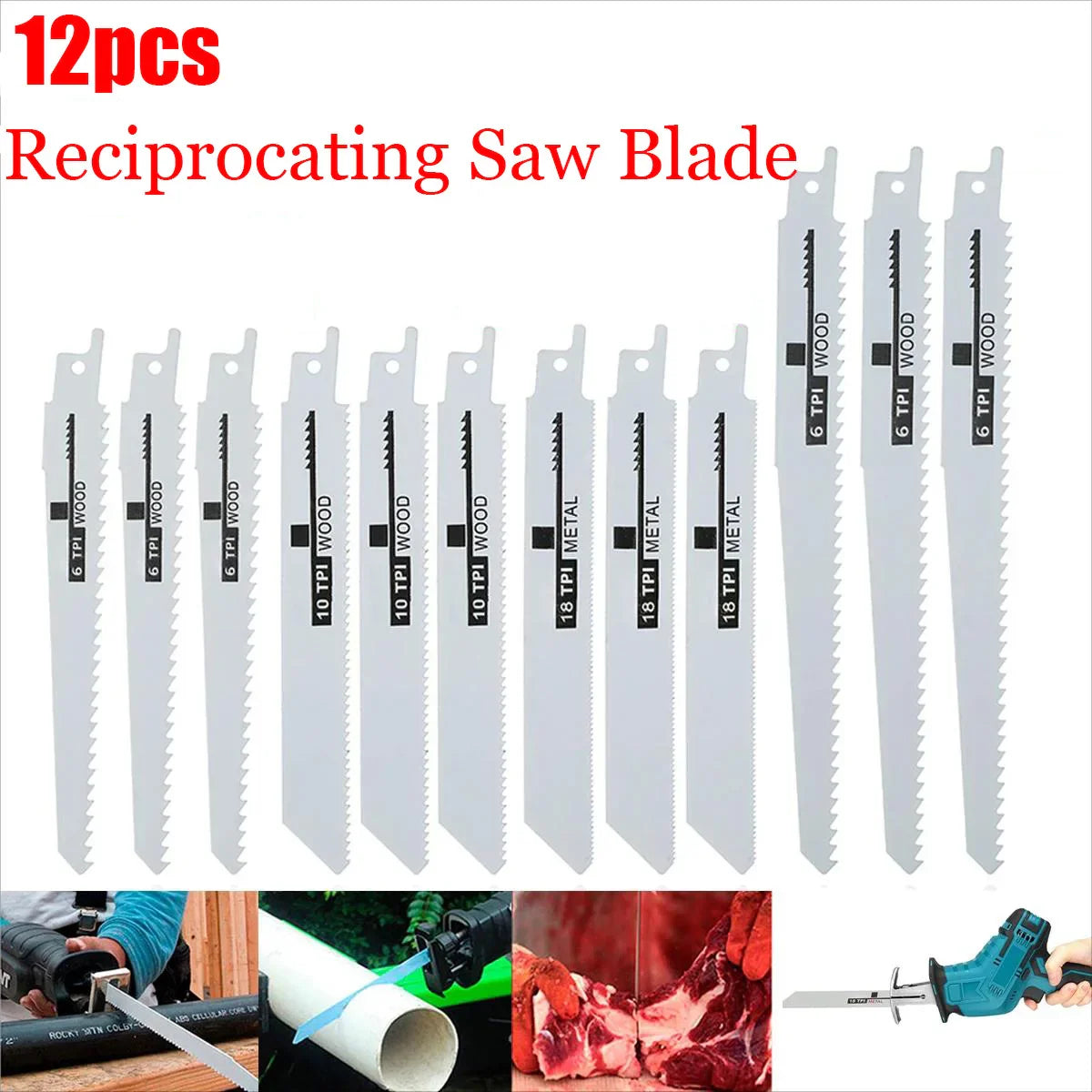 12-Pack Reciprocating Saw Blades for Wood & Metal - High Carbon Steel, DIY Essential