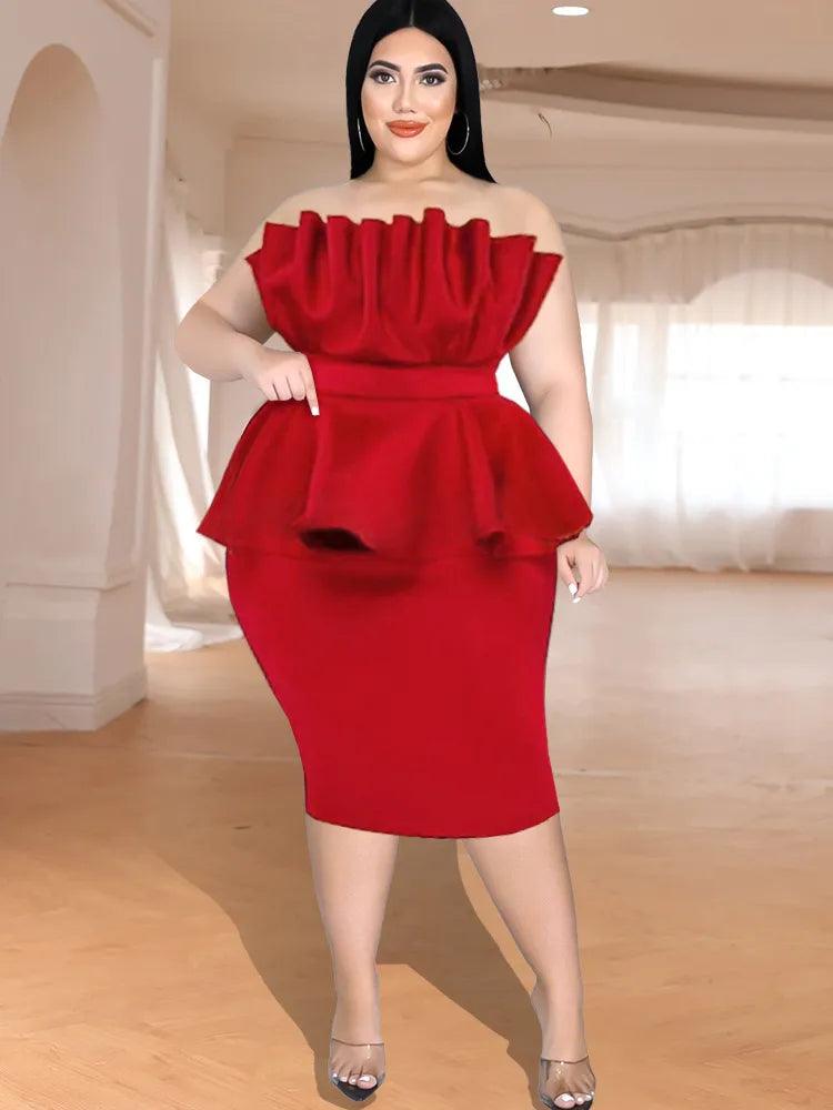 Scarlet Peplum Plus Size 4XL Evening Party Gown with Tube Top and Ruffles  OurLum.com   