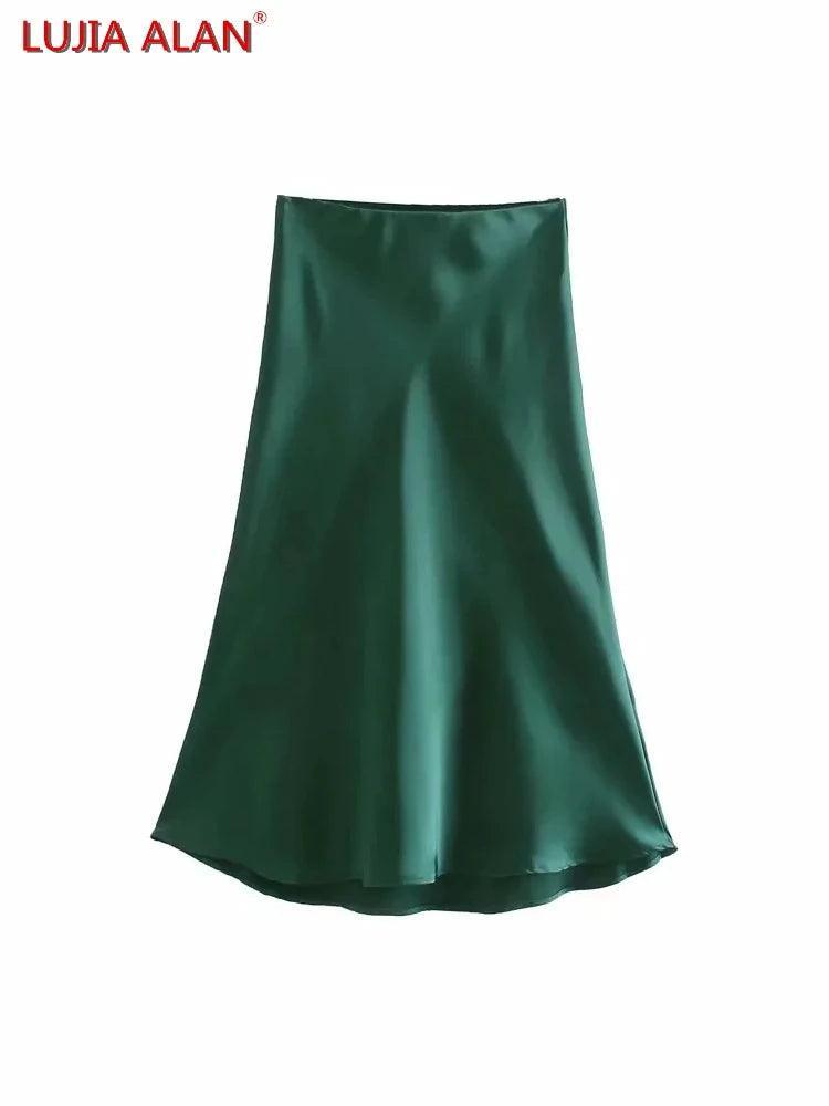 Elegant Solid Satin A-Line Midi Skirt - Summer Fashion Essential  ourlum.com mo lu S United State