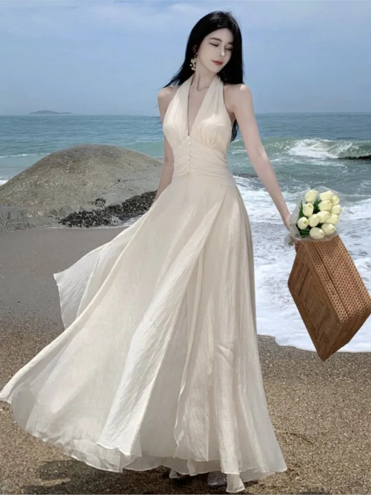 Elegant White Maxi Dress with Halter Neck and V-neck - Summer Beach Wedding Evening Prom Gown  Our Lum   
