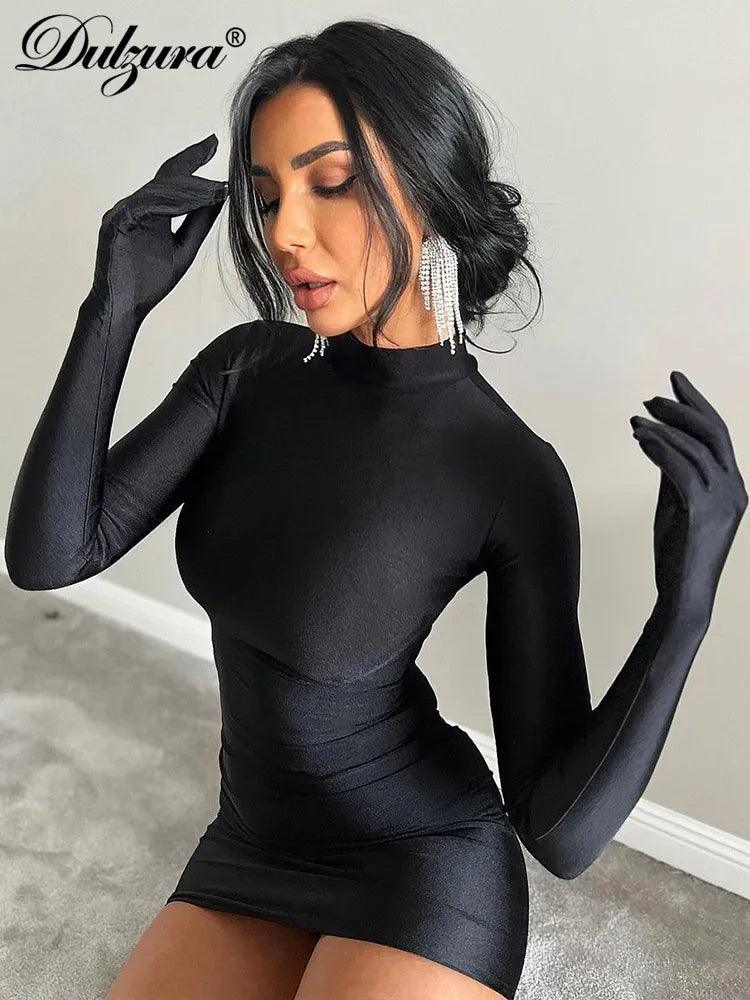 Sultry Solid Long Sleeve Bodycon Mini Dress with Gloves - Chic Streetwear & Party Attire  ourlum.com   