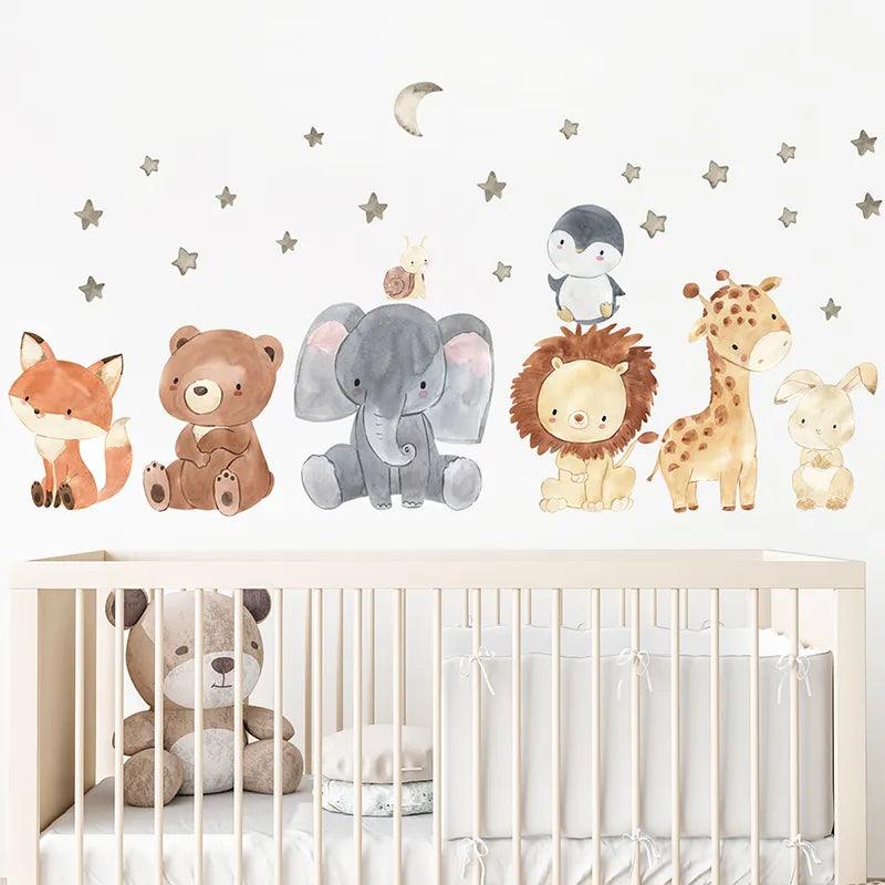 Watercolor Africa Animals Wall Stickers: Cute Elephant Giraffe Fox Bear Kids Decals  ourlum.com   