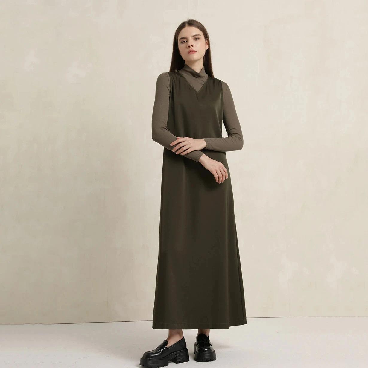 Elegant Satin Maxi Dress with Rib Modal Mock Neck Top for Women - 2024 Fall Collection  ourlum.com   