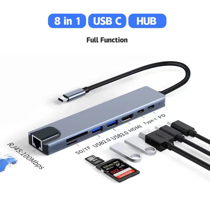 Type C 8 In1 USB C Hub 8in1 Type C HDMI 4K Adapter RJ45 Lan Ethernet TF SD Reader USB-C 3.0 TypeC Docking Station Laptop Macbook  ourlum.com   