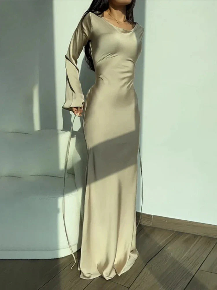 New Elegant Satin Flare Sleeve Evening Party Dress: Feminine Charm in White & Champagne