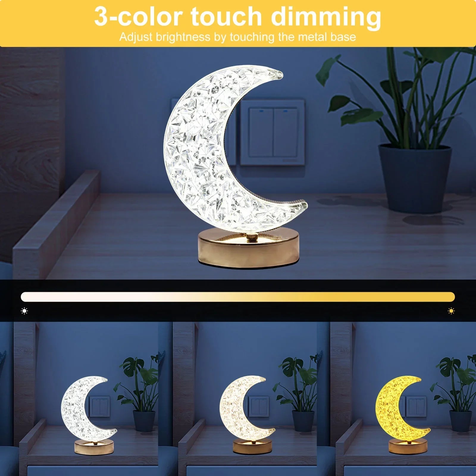 Bedroom Crystal Touch Dimming Night Light Girls Room Home Decor Aesthetics USB Charging Bedside LED Ambient Table 3D Moon Lamp