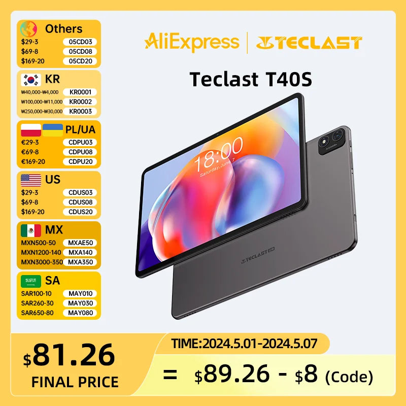 Teclast T40S Tablet 10.4 Inch 2K Full Laminated Display Android 12 8GB RAM 128GB ROM  MT8183 8-Core 13MP Camera Tablets Android