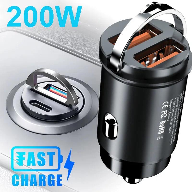 200W Mini Fast Car Charger for iPhone Samsung Huawei: Quick Charge PD USB Type C  ourlum.com   