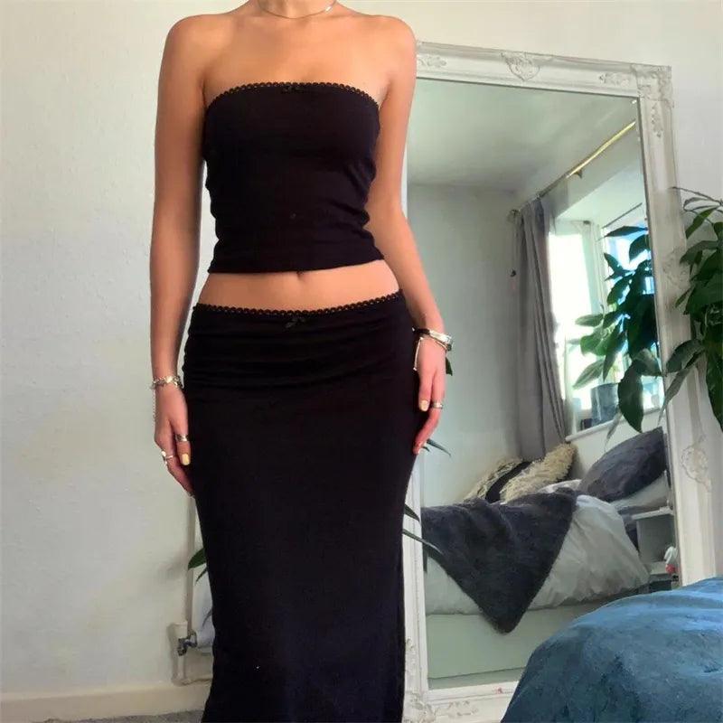 Vintage Spaghetti Strap Crop Cami and Maxi Midi Skirt Set  ourlum.com   