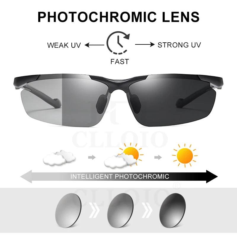 Men's Photochromic Polarized Rimless Sunglasses - CLLOIO Anti-Glare Aluminum Eyewear for Day and Night Driving