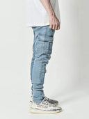 Street Elastic Jeans Men Denim Cargo Pants Multi Pockets