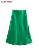 Solid Satin A-Line Midi Skirt Stylish Summer Fashion Statement