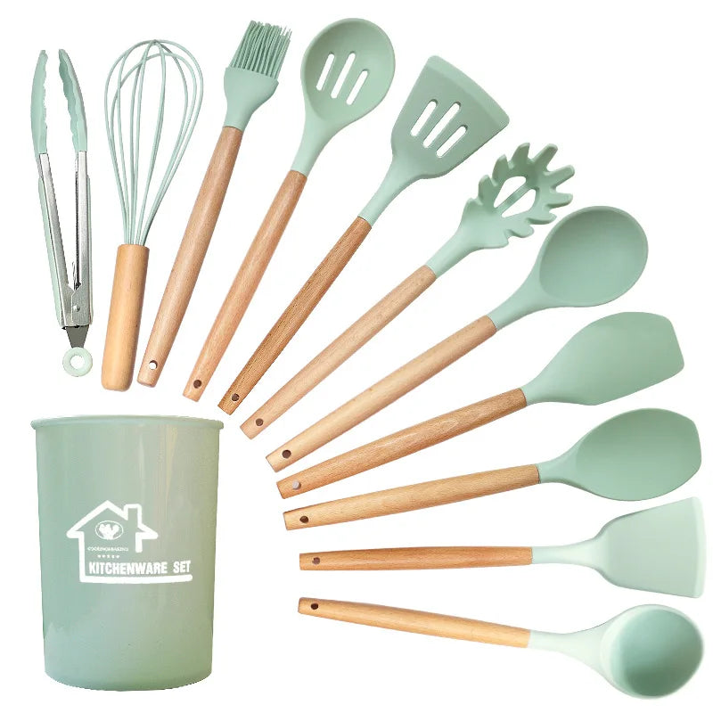 12-Piece Non-Stick Silicone Kitchen Utensil Set with Wooden Handles - Eco-Friendly Cooking Tools