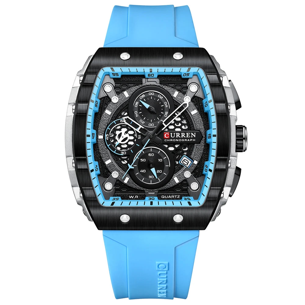 CURREN Men's Casual Quartz Watch with Rectangular Silicone Straps and Auto Date Chronograph Feature