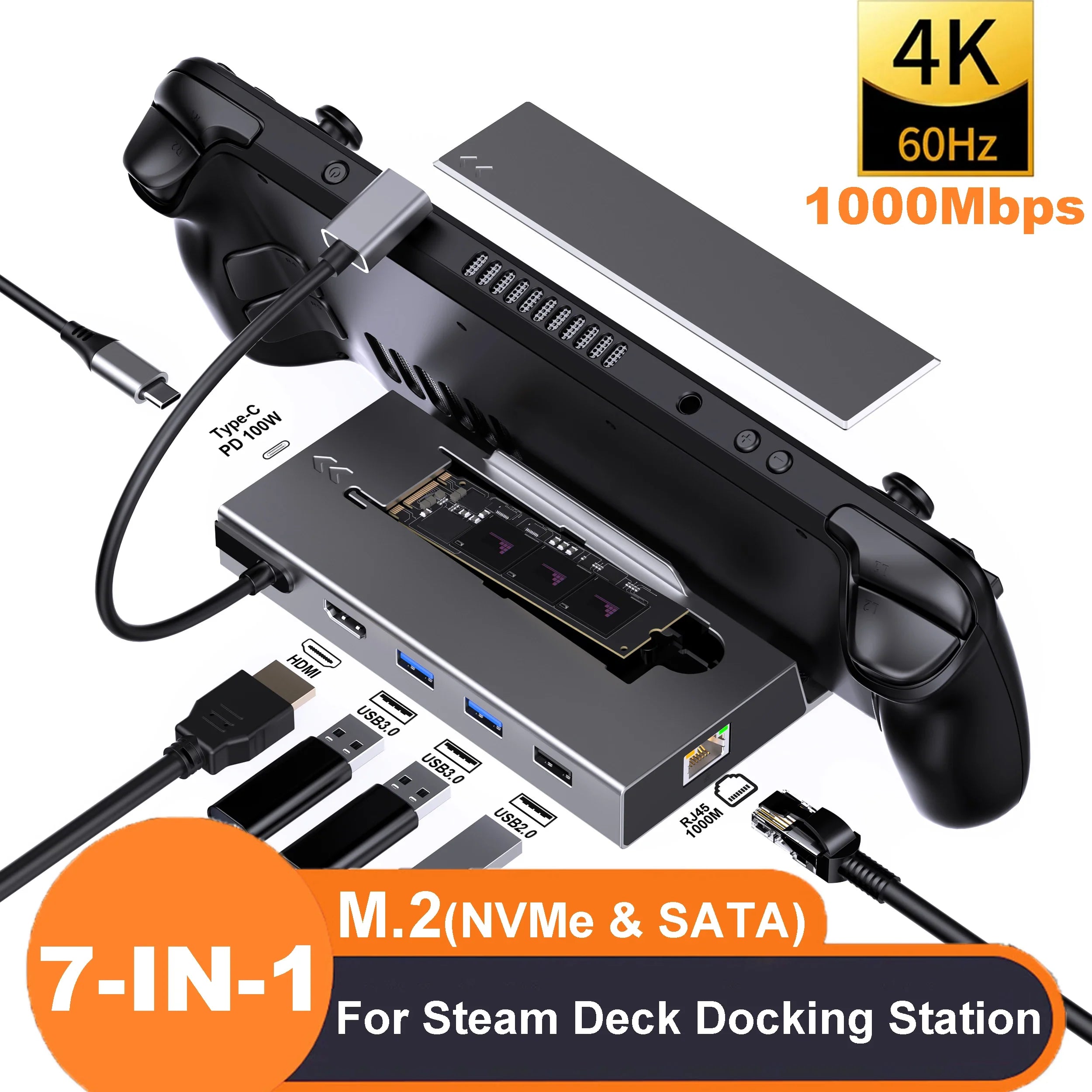 USB C Docking Station for Steam Deck Nintend Switch M.2 SSD HUB Type C to 4K@60Hz HDMI-compatible Gigabit Ethernet USB3.0 Hub  ourlum.com   