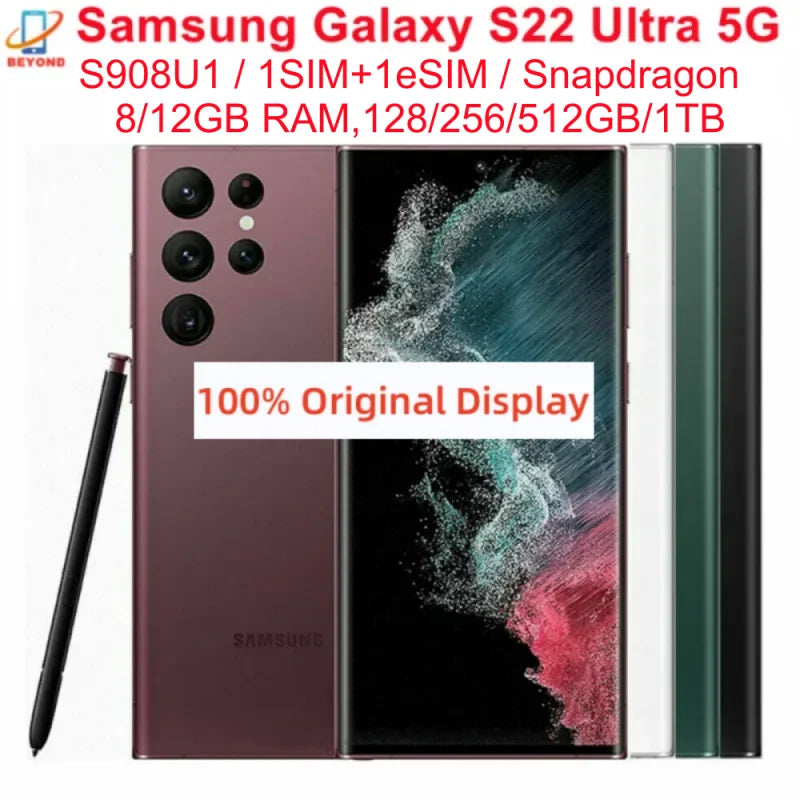 Samsung Galaxy S22 Ultra 5G S908U1 Original 6.8" AMOLED ROM 128/256/512GB/1TB RAM 8/12GB Snapdragon NFC S Pen Unlocked Phone