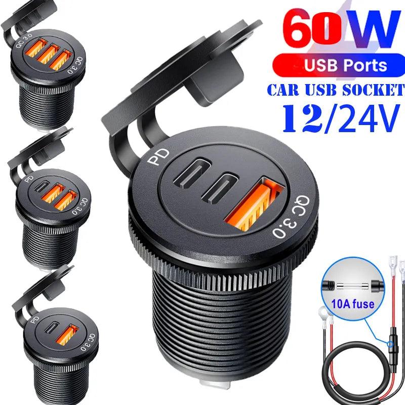 Car USB Quick Charge PD Car Charger Outlet Socket Fast Charging Multiple Ports Durable Design Marine Truck ATV  ourlum.com   