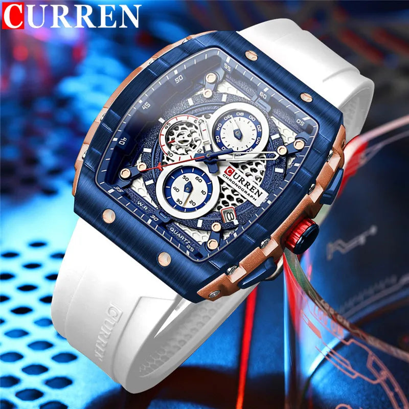 CURREN Men's Military Waterproof Chronograph Watch - Luxury White Silicone Sport Timepiece 8442