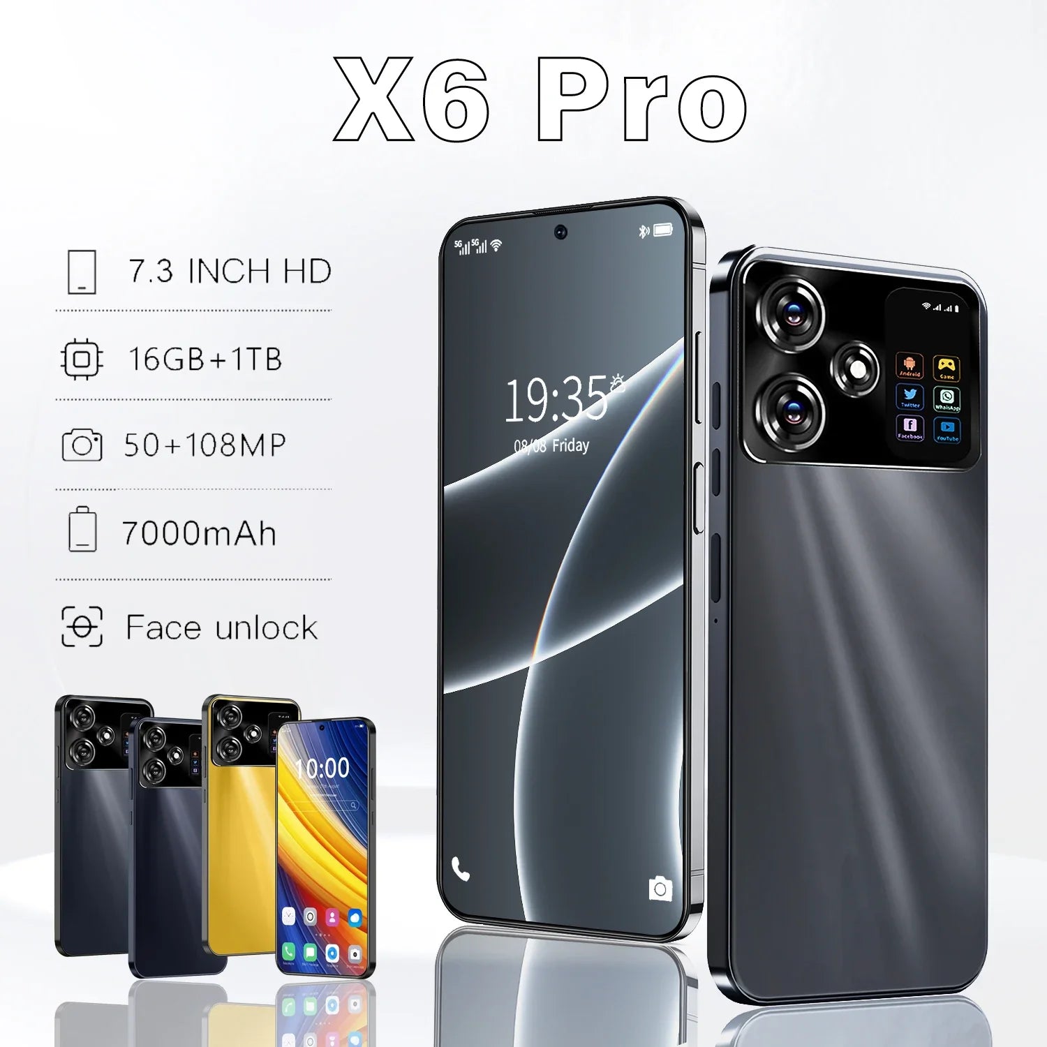Original X6 Pro Smartphone 7.3inch Global Version 16G+1TB Snapdragon 8 gen3 Android14 50+108MP 4G/5G Cellphone Mobile Phone NFC  ourlum.com   