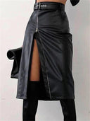 Vintage Black PU Leather Zipper Skirt Edgy Streetwear Chic