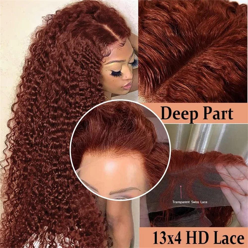 13x4 Reddish Brown HD Transparent Water Wave Frontal Wig - Pre-Plucked Human Hair Lace Wig for Women