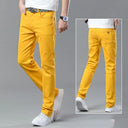 Korean Men Denim Jeans Casual Red Yellow Pink Youth Party Young Classic Male Straight Jeans Design Fashion Pants Elastic