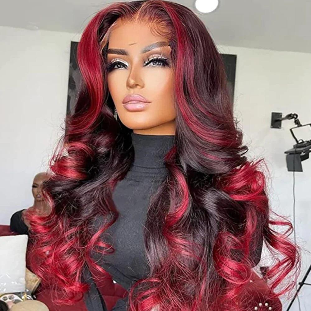 Highlight Green Body Wave Lace Front Human Hair Wigs HD Tranaparent 13x6 Lace Frontal Wig 100% Remy Red Highlight Human Hair Wig  ourlum.com   