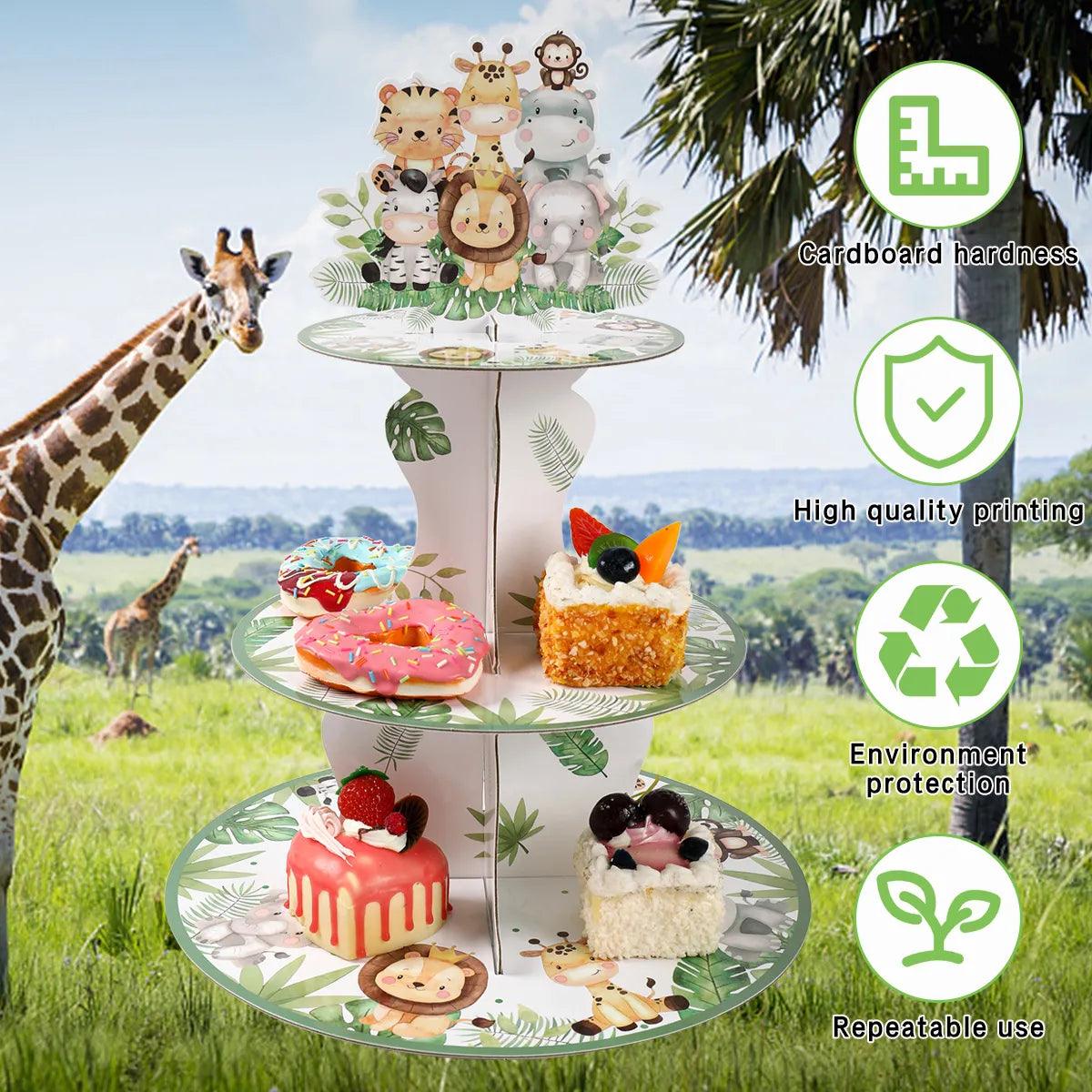 Jungle Animals Cupcake Stand: Safari Party Decor Holder for Kids Wild One Bash  ourlum.com   