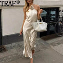 Floral Halter Satin Gown Elegant Off-Shoulder Dress for Events