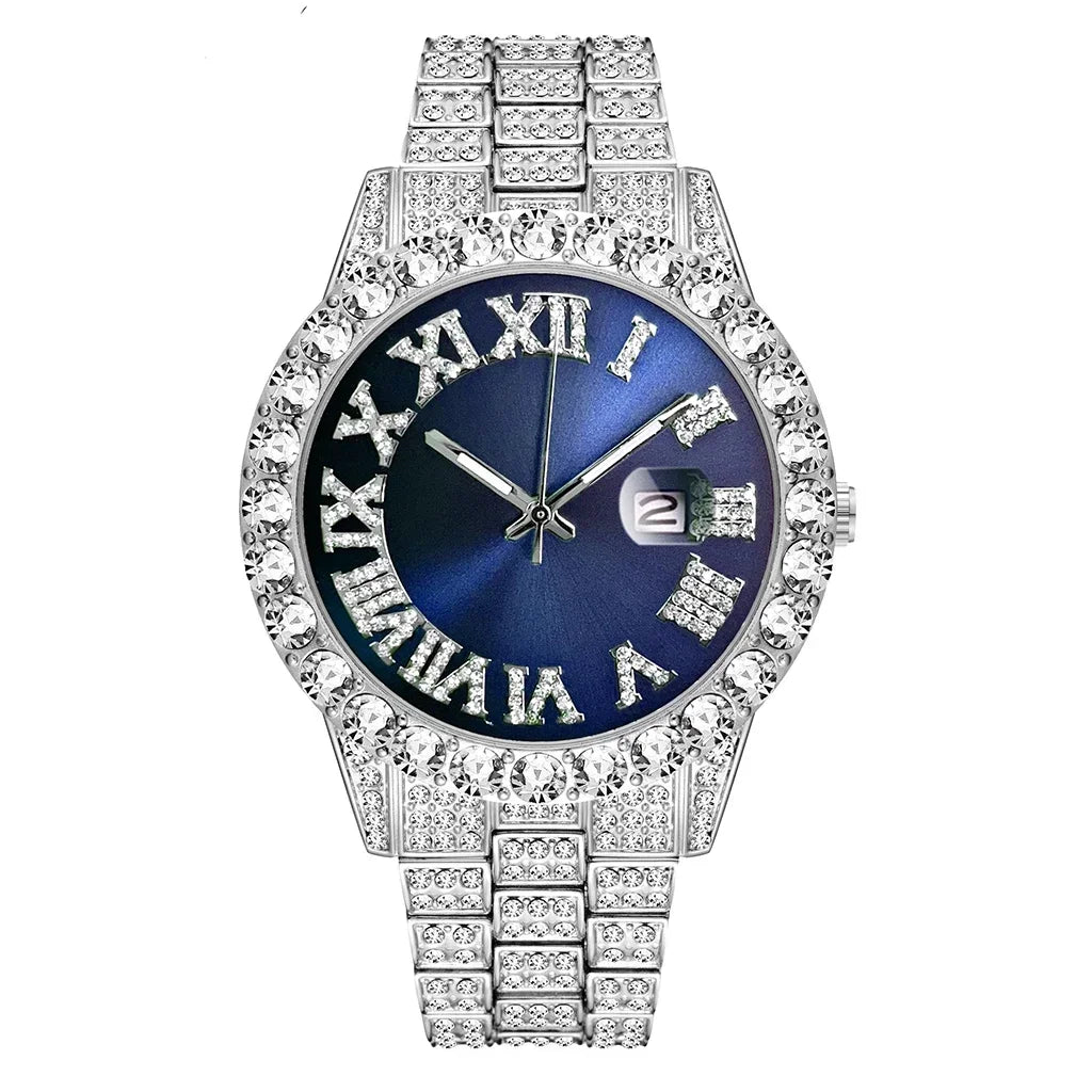 Diamond Hip Hop Style Men's Luxury Watch with Quartz Movement and Waterproof Design  OurLum.com Silver Blue  