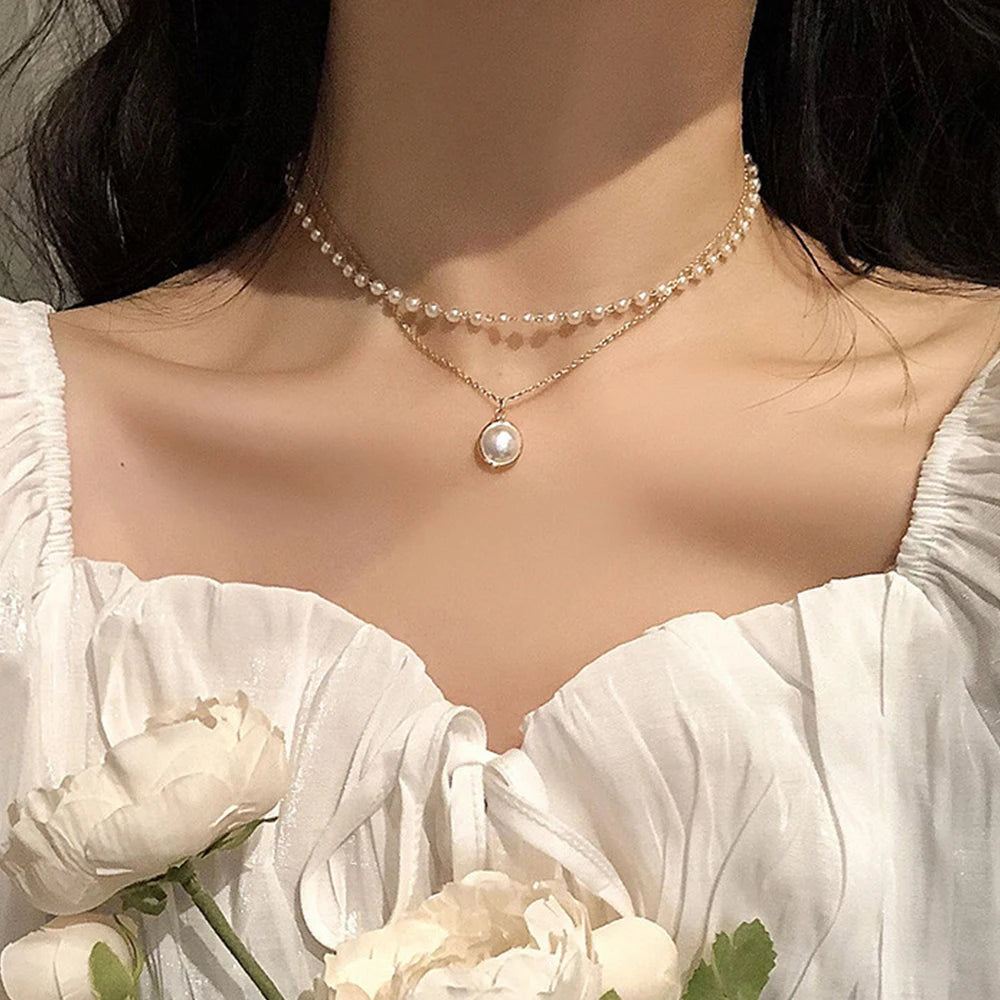 European Vintage Beaded Pearl Choker Necklace for Women Girls Simple Double Layer Pendent Clavicle Chain Necklaces Jewelry Gift