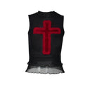 Gothic Cross Print Lace Trim Crop Top Edgy Corset Tank