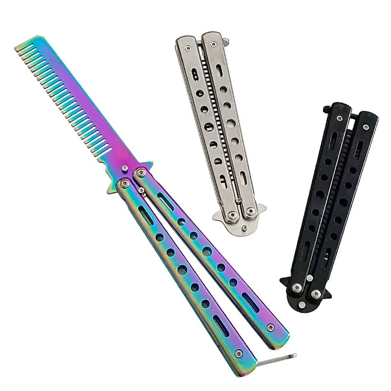 Foldable Comb Stainless Steel Practice Training Butterfly Knife Comb Beard Moustache Brushe Salon Hairdressing Styling Tool  ourlum.com   