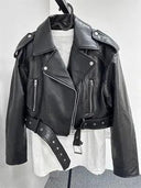 Vintage Faux Leather Moto Jacket Stylish Retro Coat for Women