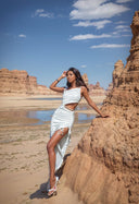 Island Chic White Maxi Dress Asymmetric Drawstring Style