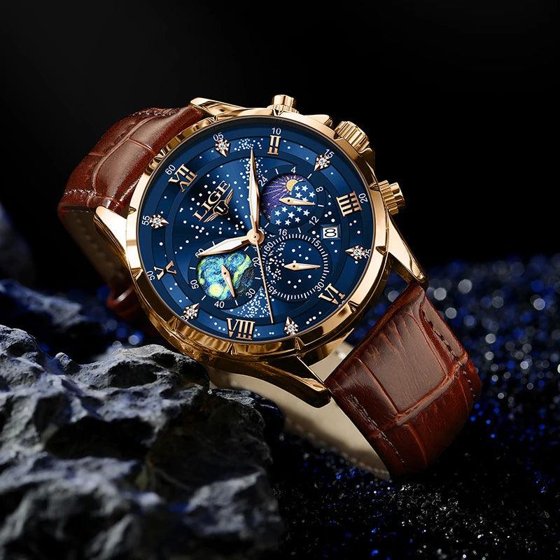 Luminous Chronograph Men's Leather Strap Sport Watch - LIGE Waterproof Quartz Wristwatch  ourlum.com   
