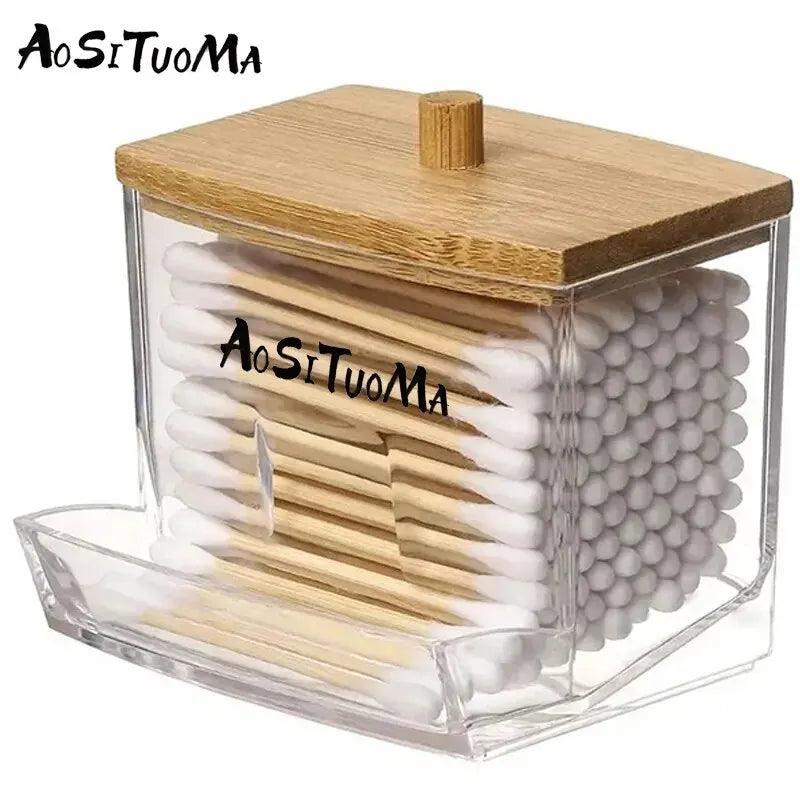Wooden Lid Cotton Swab Holder - Elegant Bathroom and Apothecary Storage Solution  ourlum.com   