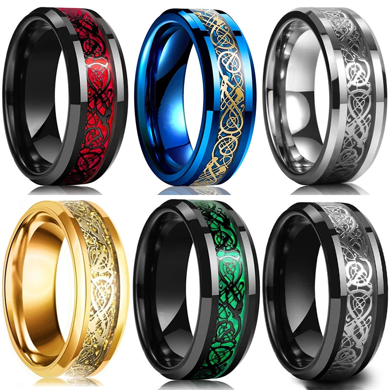 Fashion 8mm Red Beveled Edge Stainless Steel Celtic Dragon Rings for Men Carbon Fibre Ring Men Wedding Band