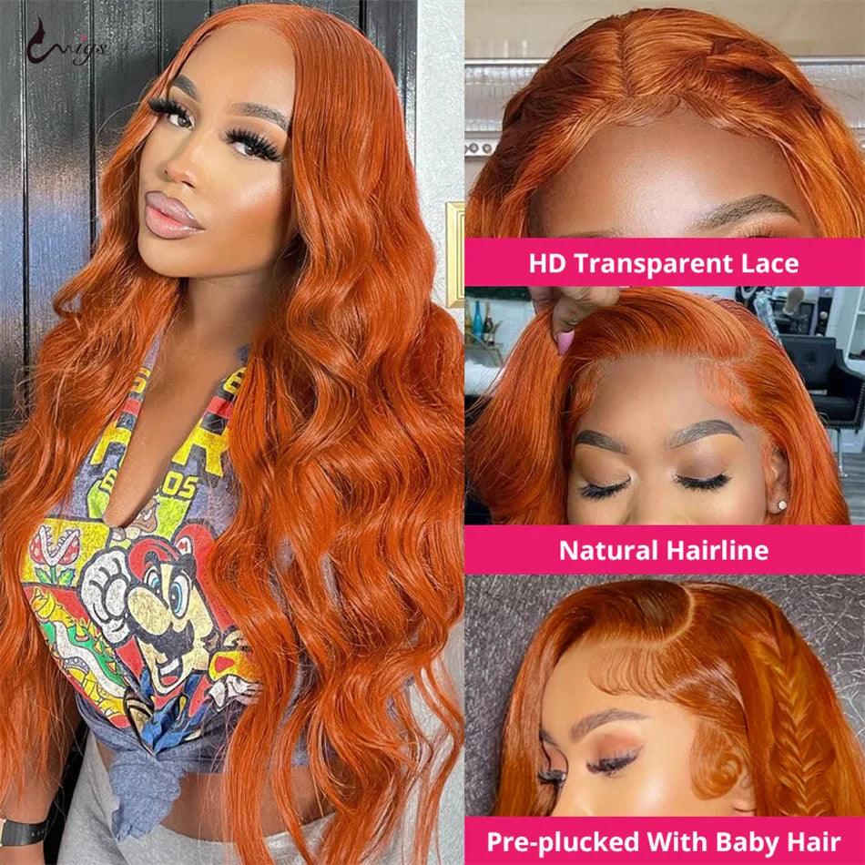 Vibrant Orange Ginger Body Wave Lace Front Wig - HD Human Hair 13X6 Frontal