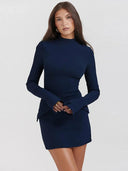 Dark Blue Bodycon Mini Dress Elegant Autumn Winter Style