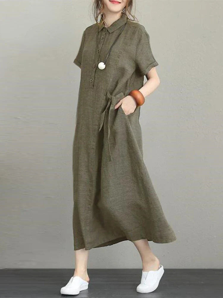 Summer Dress: Vintage Cotton Linen Casual Mid-length A-line Dress