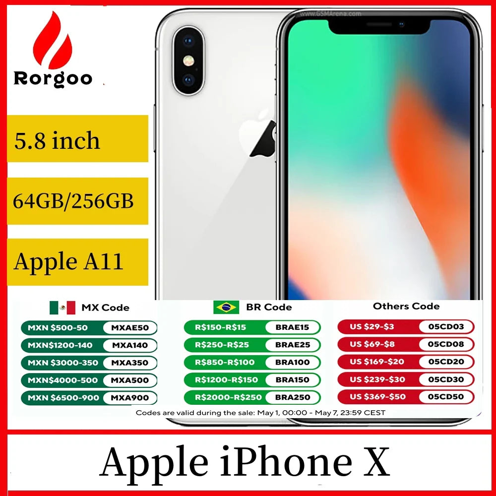 Original Unlocked Apple iPhone X 4G Mobile Phone NFC 3GB RAM 64GB/256GB ROM 5.8" OLED Screen 12MP*2+7MP A11 Hexa Core CellPhone  ourlum.com   