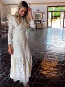 Elegance White Lace Maxi Dress Chic A-Line Office Style