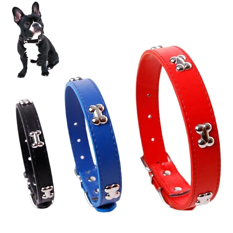 Bone Leather Reflective Pet Dog Collar for Small Large Dogs  ourlum.com   