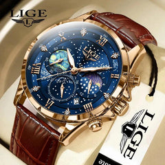 LIGE Leather Strap Chronograph Sport Watch: Stylish Waterproof Wristwatch