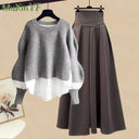 Elegant Korean Knit Sweater Dress & Skirt Set Autumn Fashion