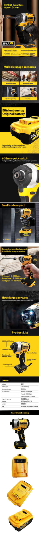 DEWALT DCF850 20V Cordless Impact Driver 205Nm Torque