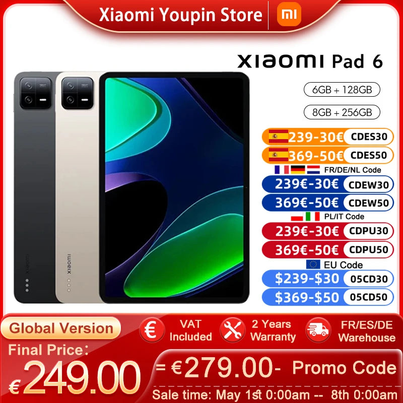Xiaomi Pad 6 Global Version Mi Tablet 128GB/256GB Snapdragon 870 Processor 11 " 144Hz WQHD + 8840mAh 33W Fast Charging Tablet