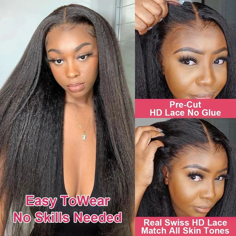 Pre-Plucked Yaki Kinky Straight Lace Front Wig - 13x6 HD Glueless Human Hair, 200% Density