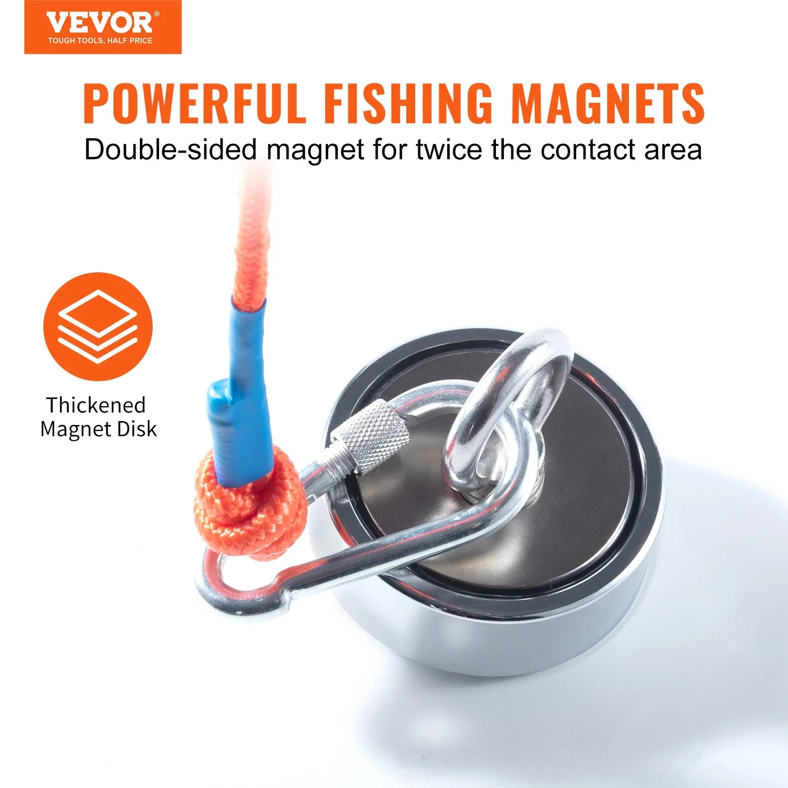 VEVOR Magnet Fishing Kit 1200lbs Double Sided Fishing Magnets 2.95“ Diameter Strong Neodymium Magnet with Heavy Duty 65FT Rope